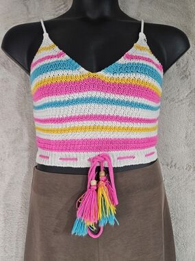 Striped Crochet Crop Top with Tassel Drawstring - Multicolor